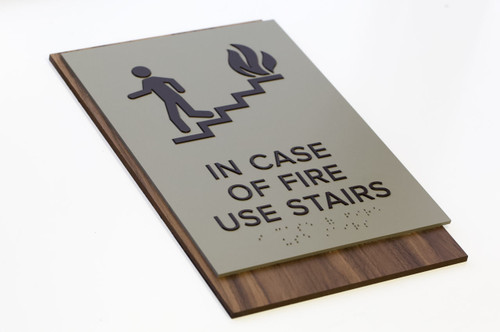 In Case of Fire Use Stairs, stylish Legna series offices signs in full ADA compliant Braille