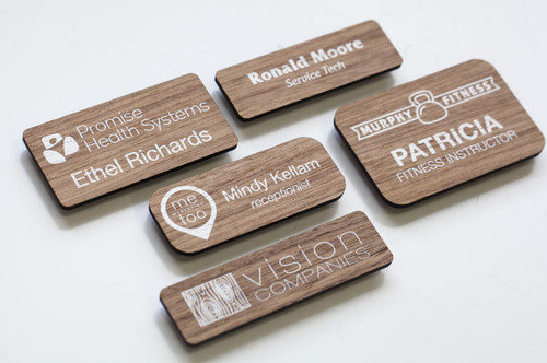 Wooden Name Badges and Name Tags with a printed name and logo
